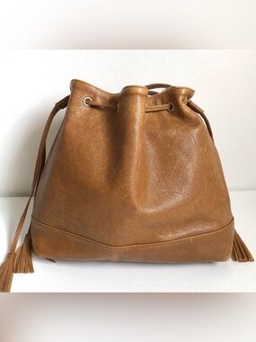 Vintage Eileen Fisher 100% Crossbody Bucket Bag Purse, camel color